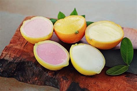 Sorbet in fruit shell - Each fruit shell is between 70 â€“ 140 calories per serving. Sorbet has a touch of cream (contains dairy), is Gluten Free, Milchik Approved, and Non GMO. Island Wayâ€™s lemon sorbet is bursting with cool and refreshing citrus flavor with just the right amount of lemony tartness. 
